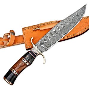 13" Handmade Damascus Steel Rat-Tail Bowie Knife Wood Handle With Leather Sheath-Outdoor, Camping, Hunting, Fishing