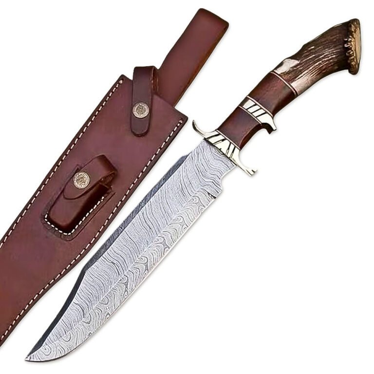 15" Handmade Damascus Steel Rat-Tail Bowie Hunting Knife Stag Antler Handle With Leather Sheath- Outdoor, Camping, Fishing, Hunting