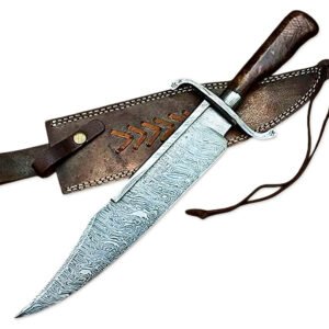 15" Handmade Damascus Steel Rat-Tail Bowie Knife Rose Wood Handle With Leather Sheath- Camping, Hunting, Outdoor