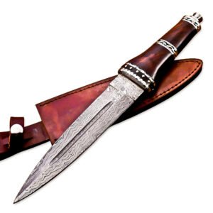 14" HandForged Damascus Steel Rat-Tail Dagger Knife Rose wood Handle With Leather Sheath
