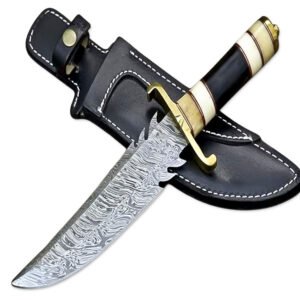 12” Hand Forged Damascus Steel Rat-Tail Bone & Buffalo Horn Handle Bowie Knife With Leather Sheath