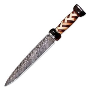 15" Handmade Damascus Steel Gladiator Double Edge Dagger Knife With Leather Sheath- Rose Wood & Olive Wood Handle