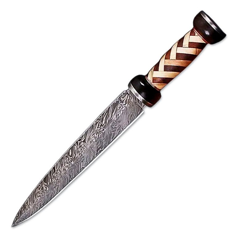 15" Handmade Damascus Steel Gladiator Double Edge Dagger Knife With Leather Sheath- Rose Wood & Olive Wood Handle