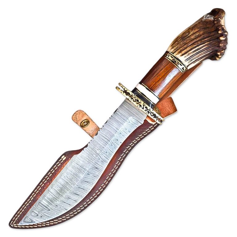 15” Handmade Damascus Steel Rat-Tail Bowie Knife Stag Antler& Rose wood Handle With Leather Sheath