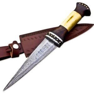 13" Handmade Damascus Steel Rat-Tail Dagger Knife Bone & Rose wood Handle With Leather Sheath