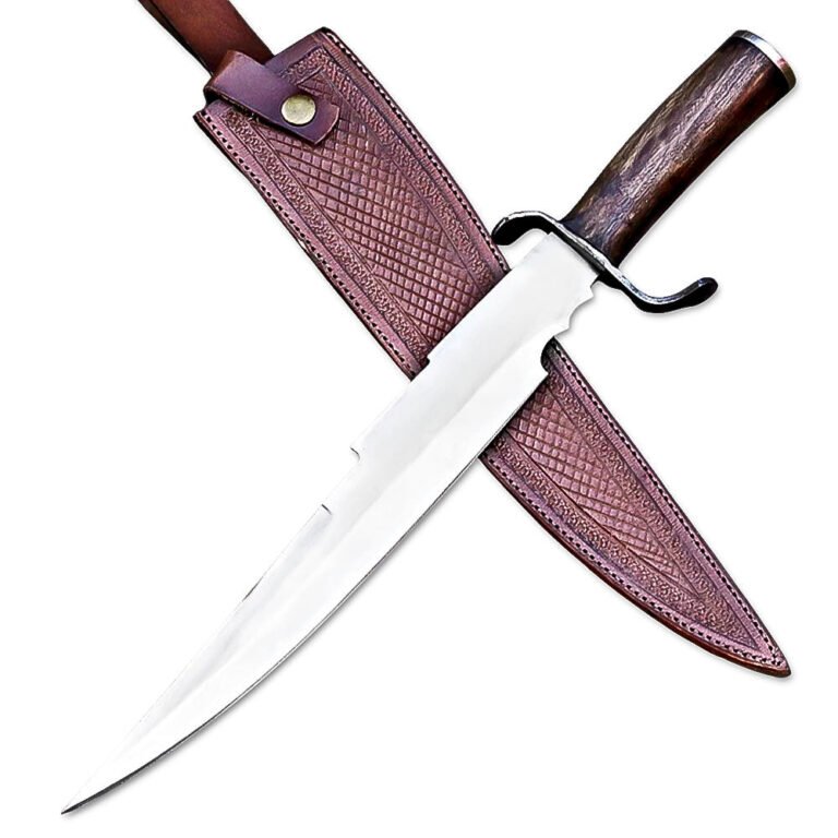 17” Handmade Stainless Steel Rat-Tail Rose Wood Handle Bowie Knife With Leather Sheath