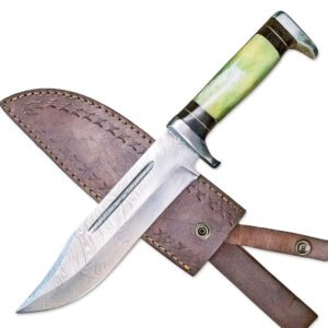 13” Handmade Damascus Steel Bowie Knife Colored Bone Handle With Leather Sheath