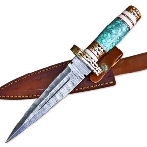 13" HandForged Damascus Steel Rat-Tail Double Edge Dagger Knife Resin & Bone Handle With Leather Sheath