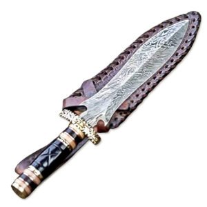 13" HandForged Damascus Steel Rat-Tail Double Edge Dagger Knife Buffalo Horn & Bone Handle With Leather Sheath