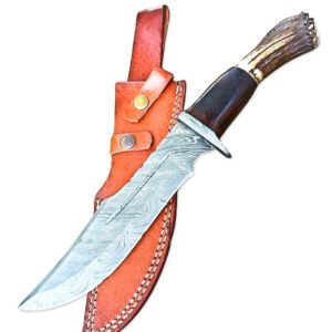 12" Handmade Damascus Steel Rat-Tail Bowie Knife Outdoor Hunting Knife Stag Antler Handle With Leather Sheath
