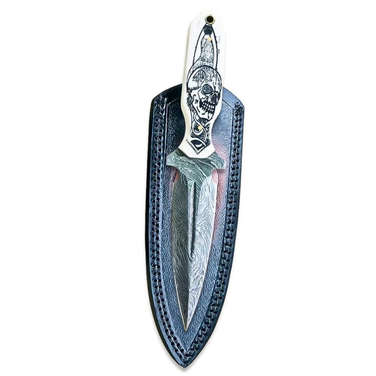 8" Handmade Damascus Steel Full Tang Double Edge Dagger Knife With Leather Sheath Camel Bone Handle