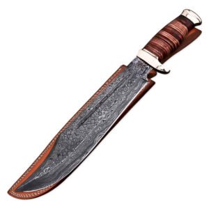15" Handmade Damascus Steel Rat-Tail Bowie Knife Hunting Knife Wood Handle With Leather Sheath, Camping, Hunting, Fishing, Outdoor
