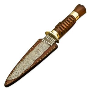 12" Handforged Damascus Steel Rat-Tail Dagger Knife With Leather Sheath-Rose Wood Handle