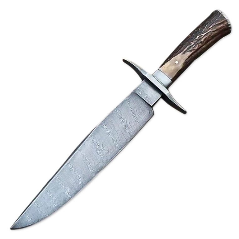 15” Handmade Damascus Steel Rat-Tail Bowie Knife Stag Antler Handle With Leather Sheath