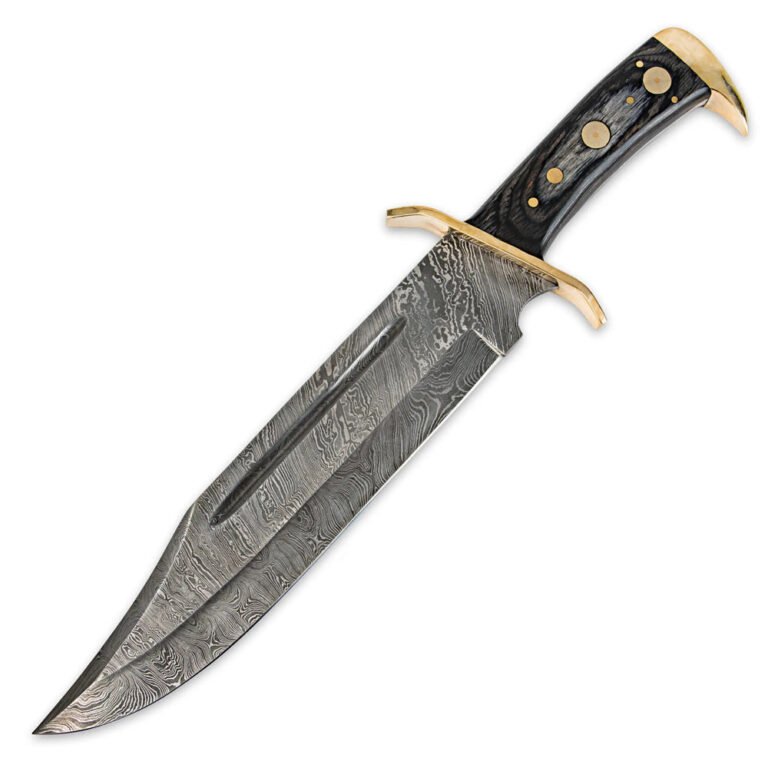 16" Handmade Damascus Steel Bowie Knife Wood Handle With Brass Clip And Sheath