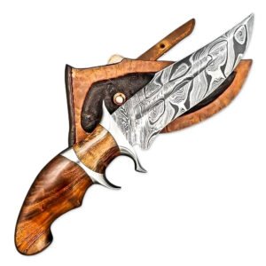 10" Handmade Damascus Steel Rat-Tail Rose Wood Handle Bowie Knife With Leather Sheath