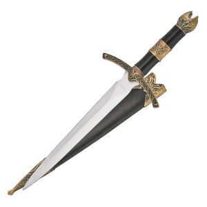 14” Medieval Dagger with Golden Handle Design and Black Scabbard