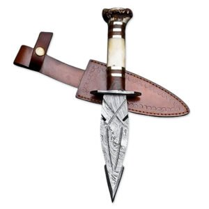 10" Handmade Damascus Steel Rat-Tail Dagger Knife With Leather Sheath- Stag antler & Bone Handle