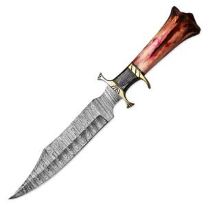15" Handmade Damascus Steel Rat-Tail Bowie Knife With Leather Sheath Color Bone Handle