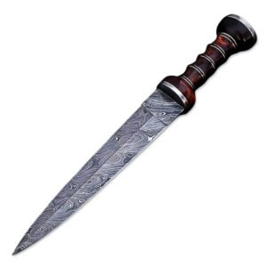 15" Handmade Damascus Steel Gladiator Double Edge Dagger Knife With Leather Sheath- Rose Wood Handle