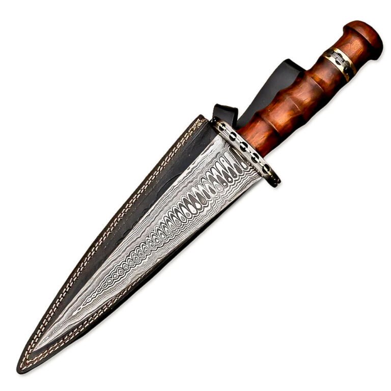 15" Hand Forged Damascus Steel Rat-Tail Dagger Knife Rose wood Handle With Leather Sheath