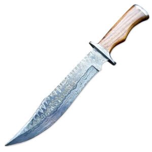 15" Handmade Damascus Steel Rat-Tail Bowie Knife Rose wood Handle With Leather Sheath