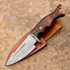 10" Damascus Steel Rat-Tail Survival Tactical Bobcat Bowie Knife With Leather Sheath-Rose Wood Handle