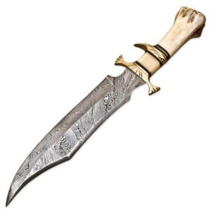 16" Handmade Damascus Steel Rat-Tail Bowie Hunting Knife Survival Knife Bone Handle With Leather Sheath