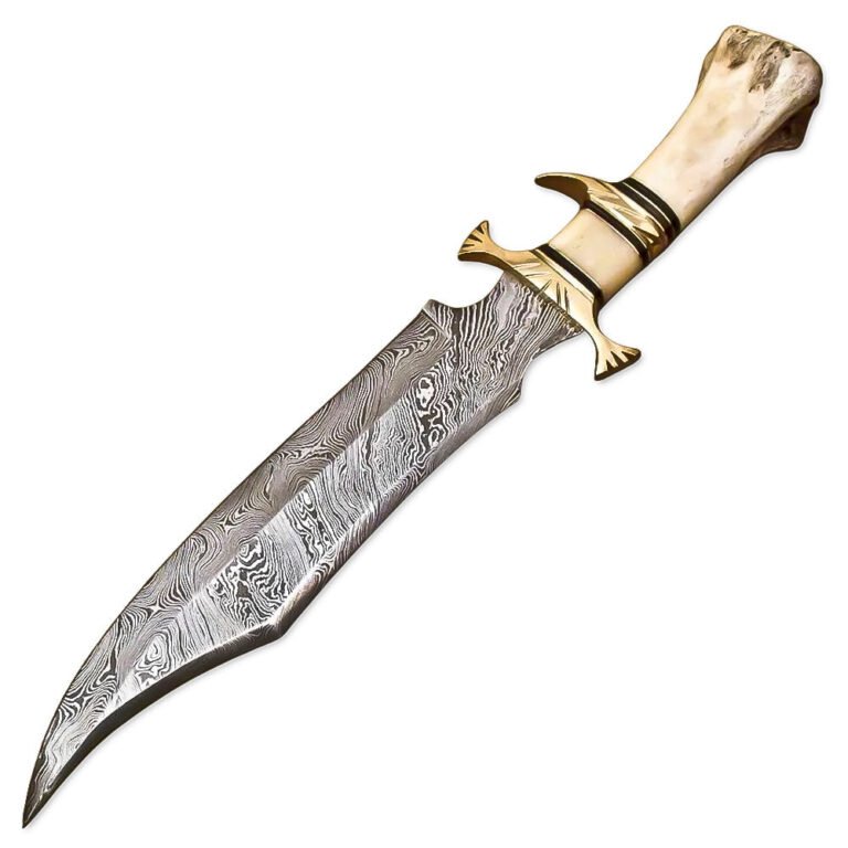 16" Handmade Damascus Steel Rat-Tail Bowie Hunting Knife Survival Knife Bone Handle With Leather Sheath
