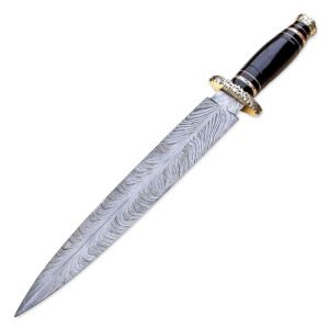 15" Handmade Damascus Steel Rat-Tail Dagger Knife With Leather Sheath- Buffalo Horn Handle