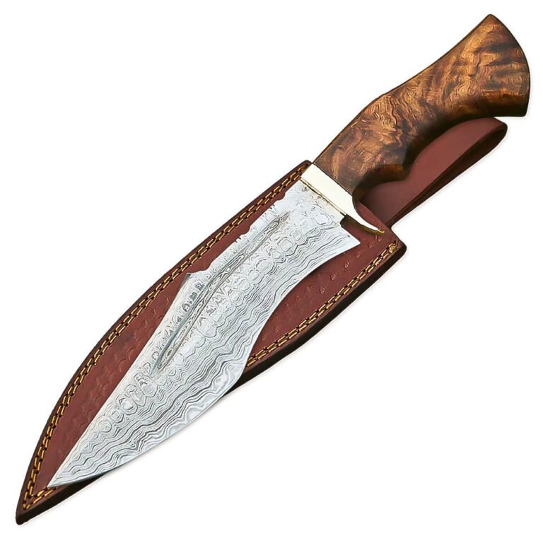 14"Handmade Damascus Steel Bowie Hunting Knife Rose Wood Handle With Leather Sheath