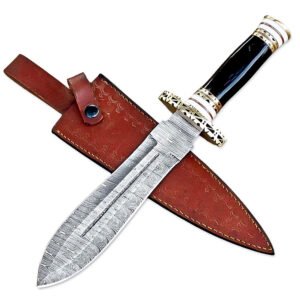 12" Handmade Damascus Steel Dagger Knife With Leather Sheth- Bone & Buffalo Horn Handle