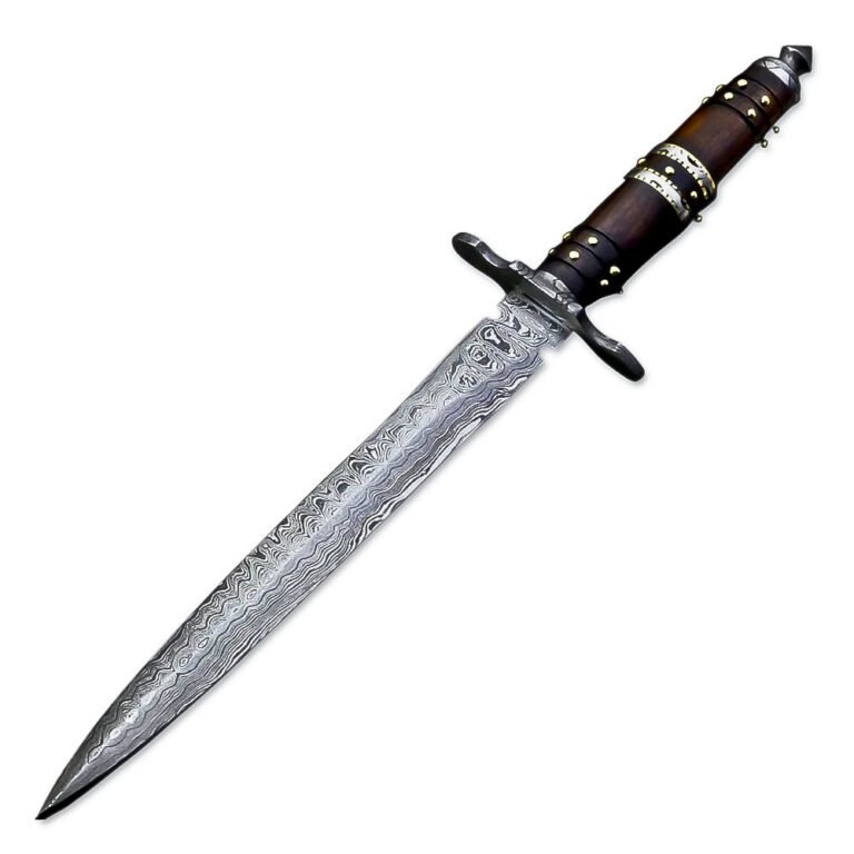15" Handmade Damascus Steel Rat-Tail Double Edge Dagger Knife With Leather Sheath- Rose Wood Handle