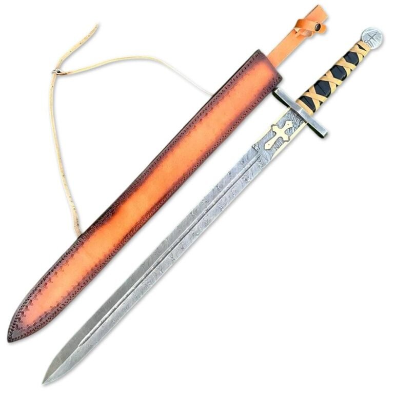 Custom Handmade Damascus Steel Viking Sword, Long Sword With Leather Sheath