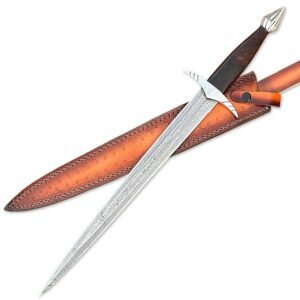 Handmade Damascus Steel Double Edge Short Sword With Leather Sheath