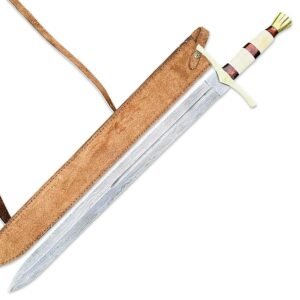 Handmade Damascus Steel Medieval Knight Sword, Medieval Historical Sword With Leather Sheath