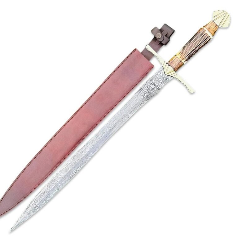 Handmade Damascus Steel Viking Sword, Medieval Sword With Leather Sheath