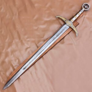 40" Hand Forged Damascus Steel Rat-Tail Locksley Sword With Leather Sheath