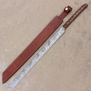 28" Hand Forged Damascus Steel Full Tang Machete Knife Outdoor Hunting Knife With Leather Sheath