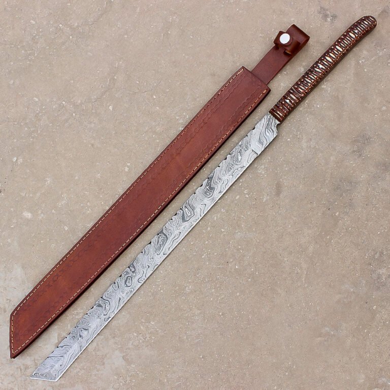 28" Hand Forged Damascus Steel Full Tang Machete Knife Outdoor Hunting Knife With Leather Sheath