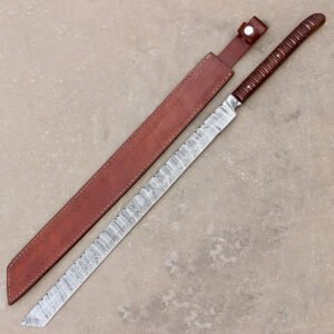 28" Handmade Damascus Steel Hunting Sword Machete Style With Leather Sheath