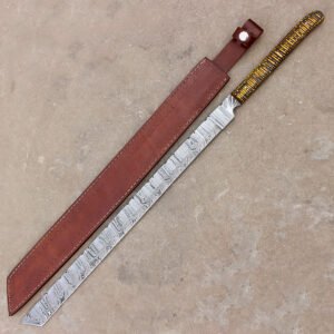 Stunning Full Tang Damascus Steel Machete Sword With Leather Sheath-Camping, Hunting,Outdoor