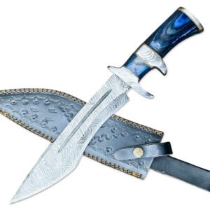 14” Hand Forged Damascus Steel Rat-Tail Bowie Knife Hard Wood Handle With Leather Sheath