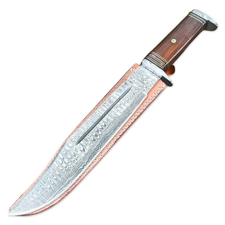 15" Handmade Damascus Steel Full Tang Bowie Knife Rose Wood Handle With Leather Sheath