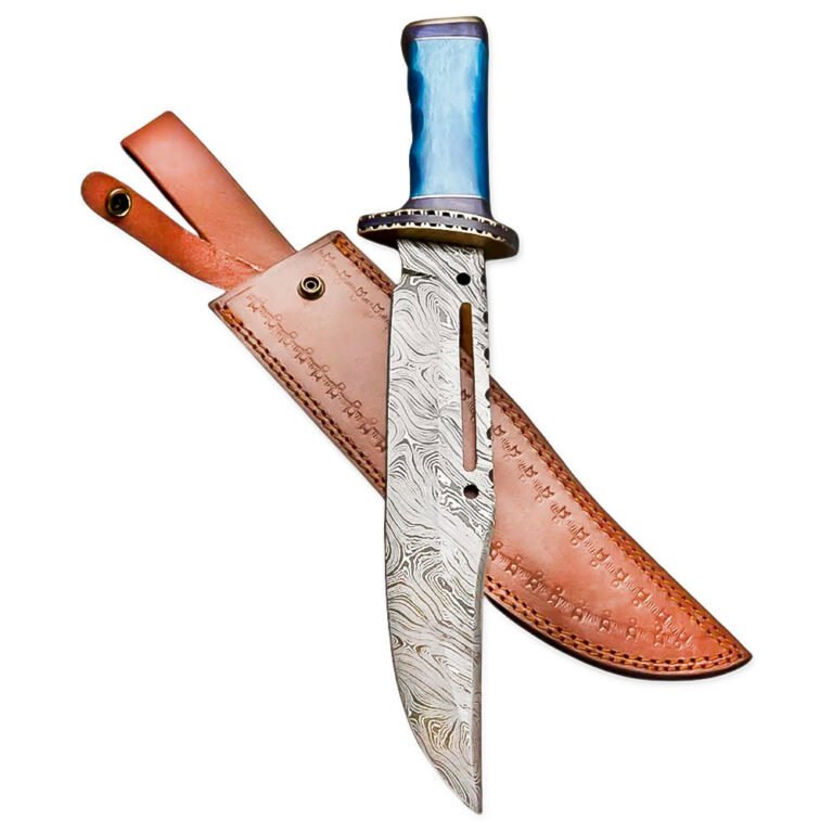 15" Handmade Damascus Steel Rat-Tail Bowie Knife Colored Bone Handle With Leather Sheath