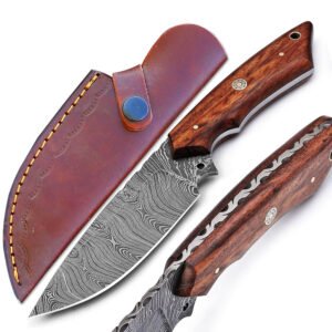 9" Damascus Steel Full Tang Hunting Knife Rose Wood Handle With Leather Sheath For Camping, Outdoor, Hunting, Fishing