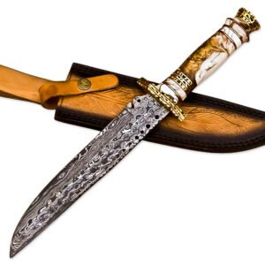 13” Handmade Damascus Steel Bowie Hunting Knife Texture Bone Handle With Leather Sheath