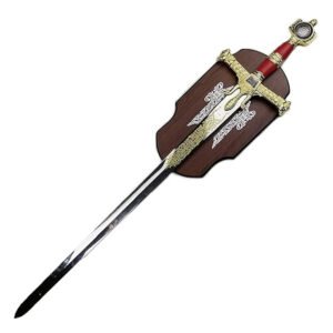 King Solomon Sword with Display Plaque. for Wall Decoration, Collection, Cosplay- Red & Gold Edition