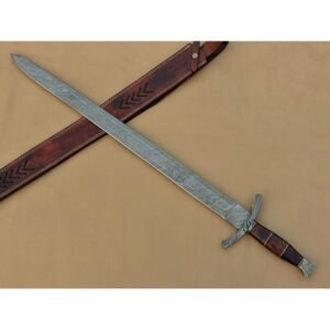 Handmade Damascus Steel Viking Sword/Medieval Sword with Leather Sheath