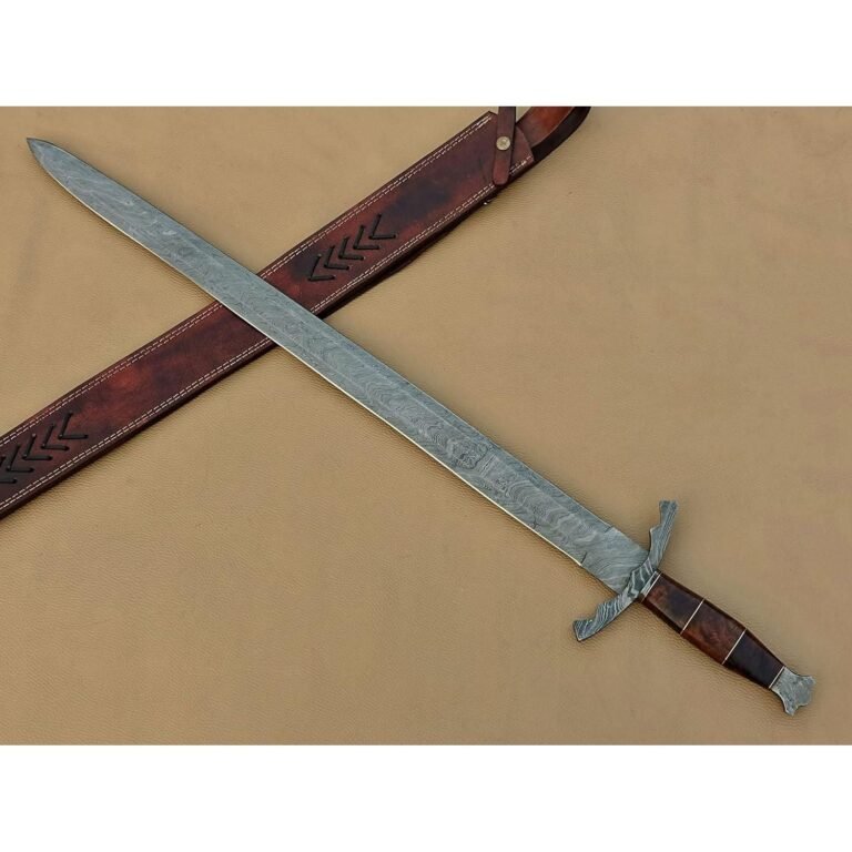 Handmade Damascus Steel Viking Sword/Medieval Sword with Leather Sheath
